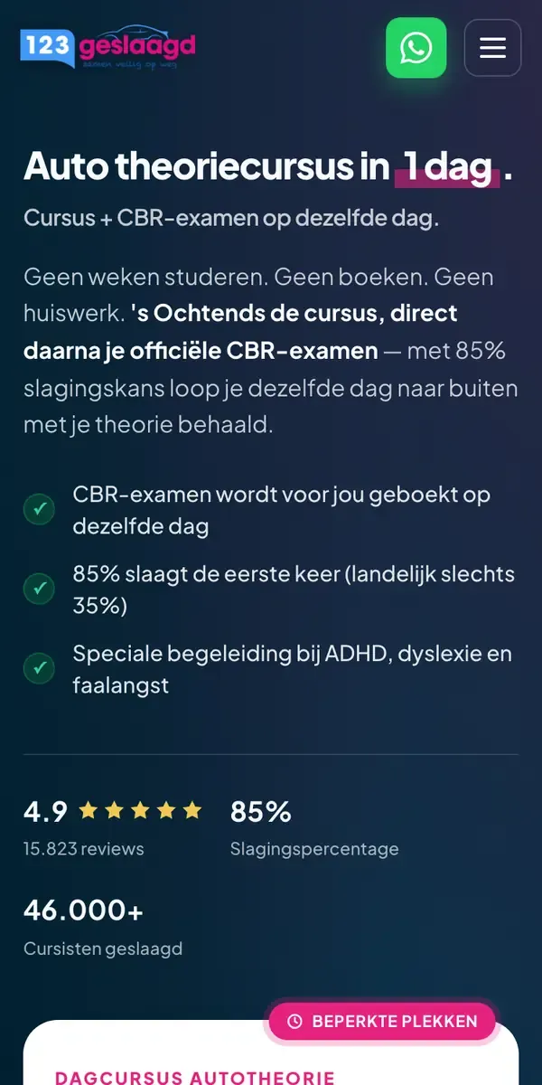 De funnelpagina van 123Geslaagd op een telefoon: Auto theoriecursus in 1 dag, cursus en CBR-examen op dezelfde dag