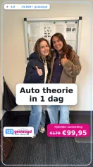 Meta-advertentie van 123Geslaagd: twee geslaagde cursisten met duim omhoog, 'Auto theorie in 1 dag', tijdelijke aanbieding €99,95 in plaats van €179.