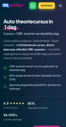 Funnelpagina op mobiel: 'Auto theoriecursus in 1 dag. Cursus + CBR-examen op dezelfde dag', met 85% slagingspercentage.