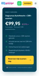 Prijsblok: Dagcursus Autotheorie + CBR-examen, €99,95 in plaats van €179, knop 'Reserveer mijn examen-dag'.