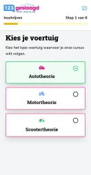 Inschrijven, stap 1 van 6: kies je voertuig, autotheorie, motortheorie of scootertheorie.