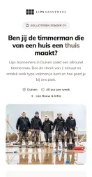 Vacaturepagina op mobiel: 'Ben jij de timmerman die van een huis een thuis maakt?', solliciteren zonder cv.