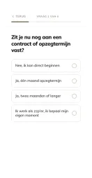 Quizvraag 1 van 4: 'Zit je nu nog aan een contract of opzegtermijn vast?' met vier antwoorden.
