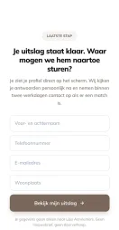 Laatste stap: 'Je uitslag staat klaar', velden voor naam, telefoonnummer, e-mail en woonplaats.
