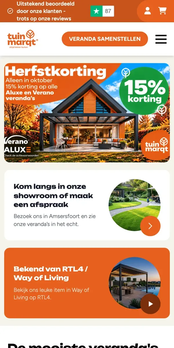 De website van Tuinmarqt op een telefoon: veranda's, met de knop Veranda samenstellen